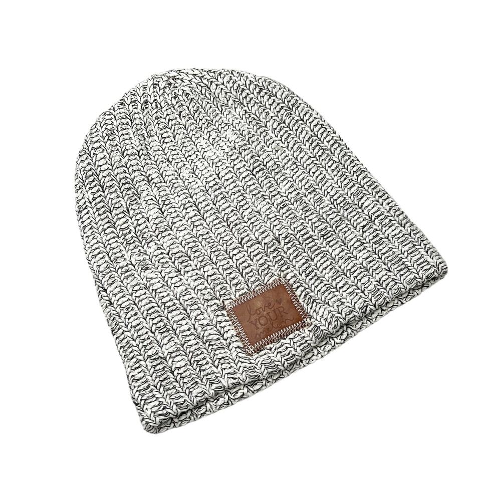 Love your Melon Gray Knitted Beanie Winter Hat Leather Patch